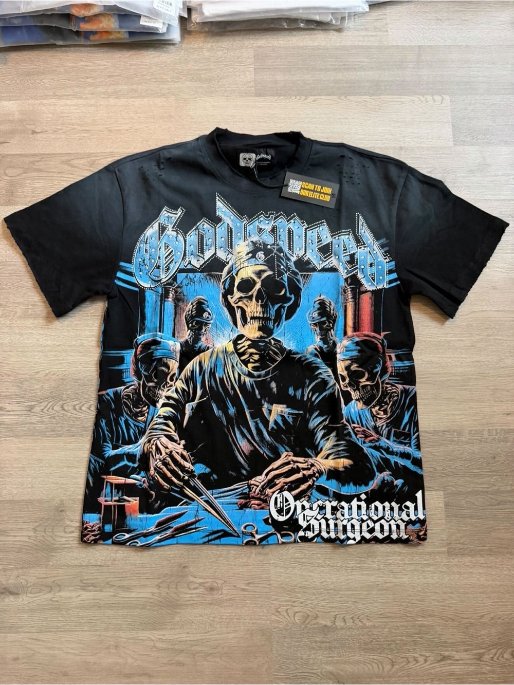 Godspeed Black Graphic Short Sleeve Tee with Blue & White Print